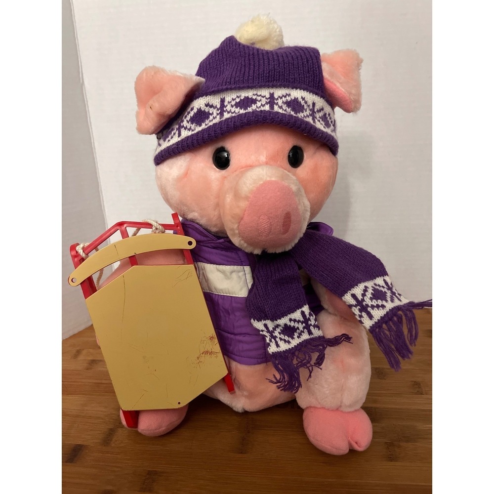 Vintage Dakin 1987 Pig Plush Winter Outfit‎ Hat Scarf Sled Stuffed Animal Toy